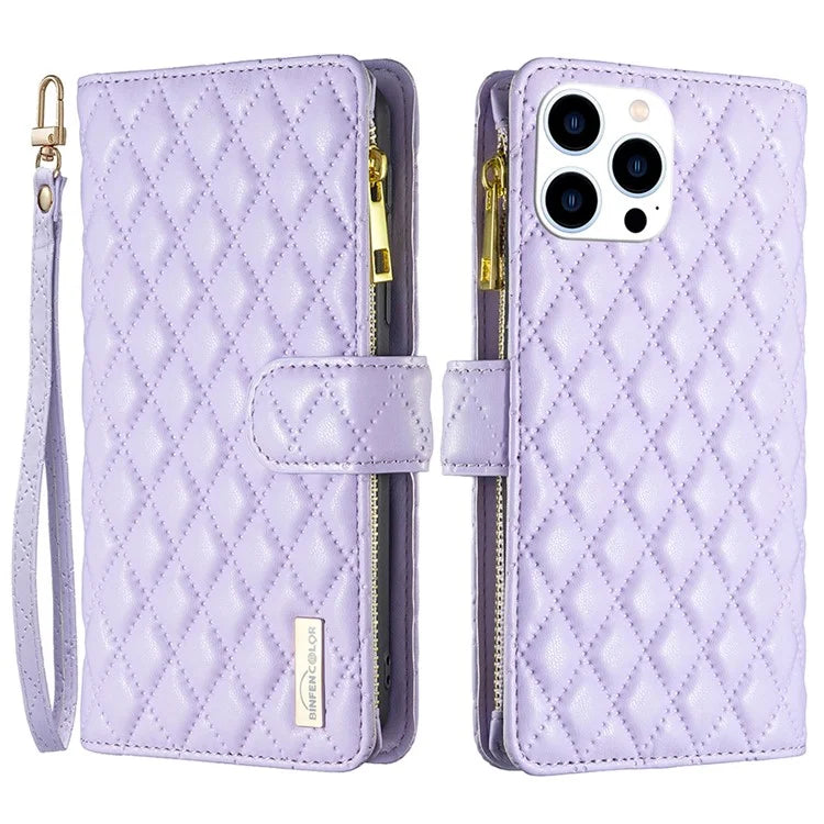 BINFEN COLOR BF Style-15 For iPhone 16 Pro Case Rhombus Leather Phone Cover with Zipper