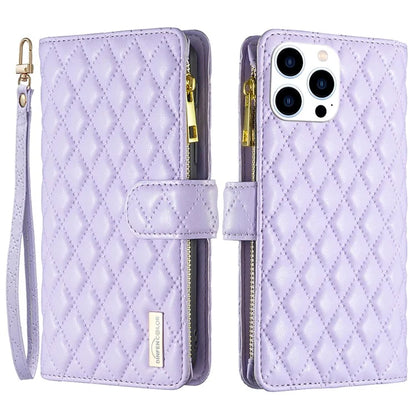 BINFEN COLOR BF Style-15 For iPhone 16 Pro Case Rhombus Leather Phone Cover with Zipper