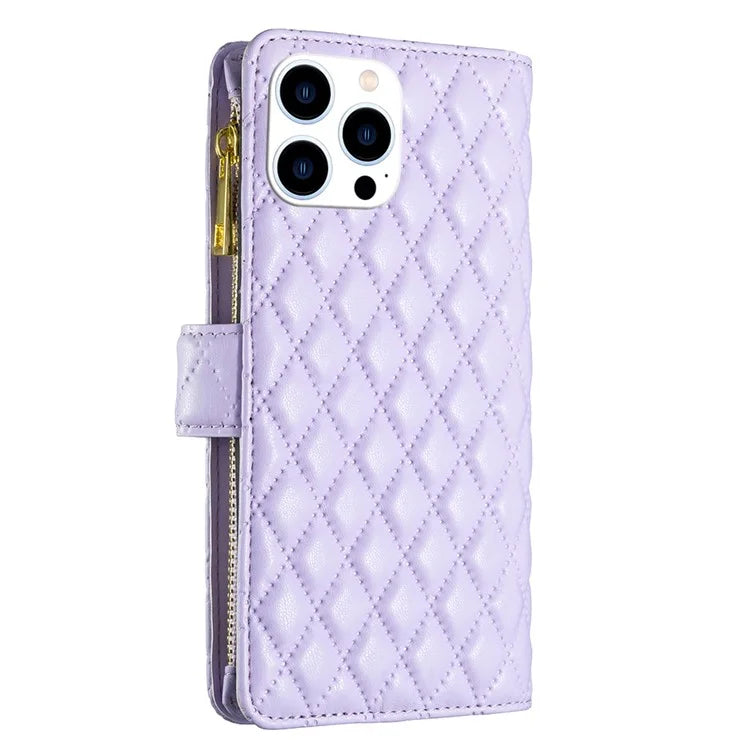 BINFEN COLOR BF Style-15 For iPhone 16 Pro Case Rhombus Leather Phone Cover with Zipper