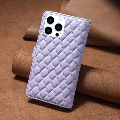 BINFEN COLOR BF Style-15 For iPhone 16 Pro Case Rhombus Leather Phone Cover with Zipper