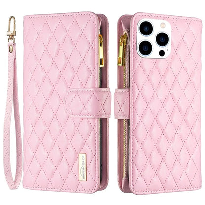 BINFEN COLOR BF Style-15 For iPhone 16 Pro Case Rhombus Leather Phone Cover with Zipper