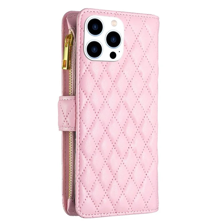 BINFEN COLOR BF Style-15 For iPhone 16 Pro Case Rhombus Leather Phone Cover with Zipper