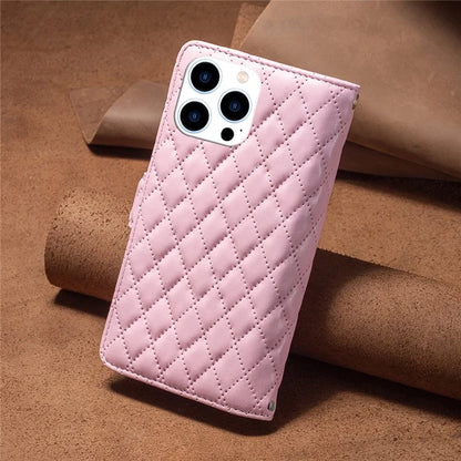 BINFEN COLOR BF Style-15 For iPhone 16 Pro Case Rhombus Leather Phone Cover with Zipper