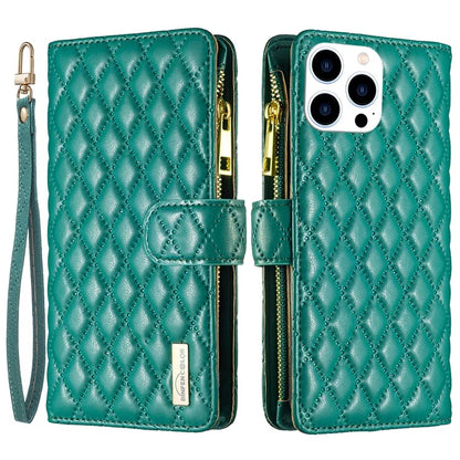 BINFEN COLOR BF Style-15 For iPhone 16 Pro Case Rhombus Leather Phone Cover with Zipper