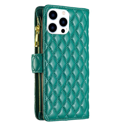 BINFEN COLOR BF Style-15 For iPhone 16 Pro Case Rhombus Leather Phone Cover with Zipper