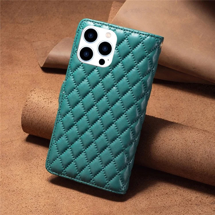 BINFEN COLOR BF Style-15 For iPhone 16 Pro Case Rhombus Leather Phone Cover with Zipper
