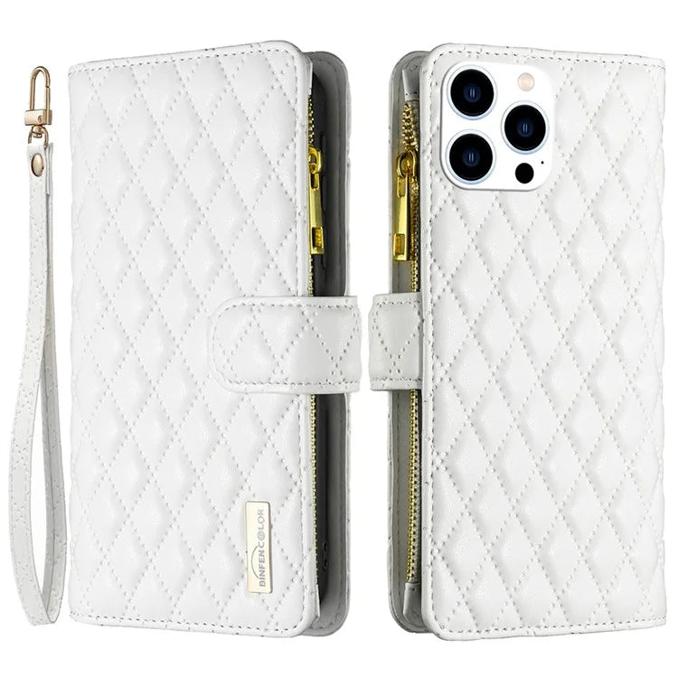 BINFEN COLOR BF Style-15 For iPhone 16 Pro Case Rhombus Leather Phone Cover with Zipper
