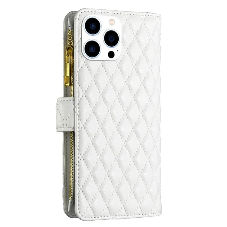 BINFEN COLOR BF Style-15 For iPhone 16 Pro Case Rhombus Leather Phone Cover with Zipper