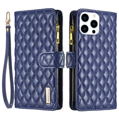 BINFEN COLOR BF Style-15 For iPhone 16 Pro Case Rhombus Leather Phone Cover with Zipper