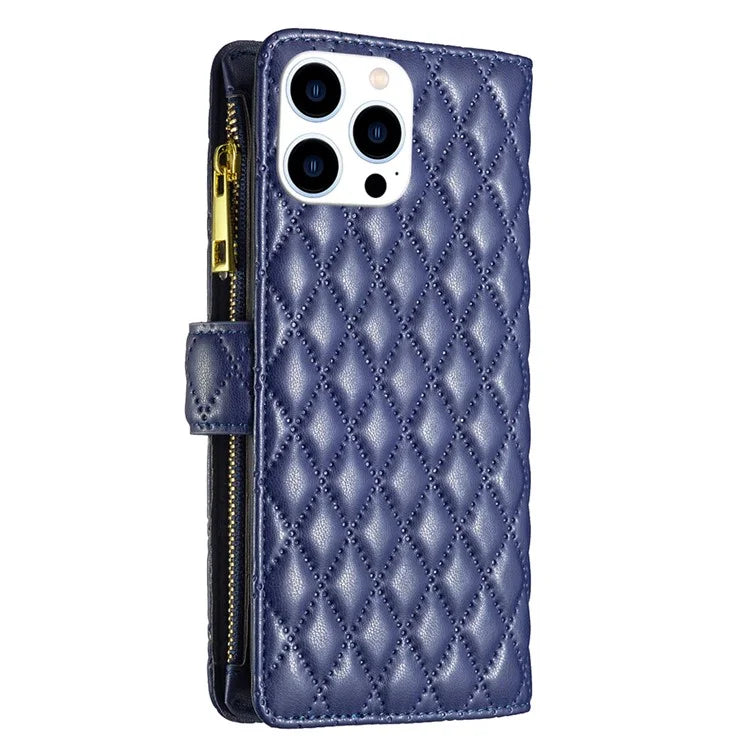 BINFEN COLOR BF Style-15 For iPhone 16 Pro Case Rhombus Leather Phone Cover with Zipper