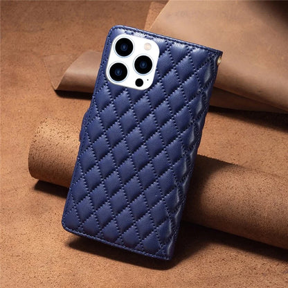 BINFEN COLOR BF Style-15 For iPhone 16 Pro Case Rhombus Leather Phone Cover with Zipper
