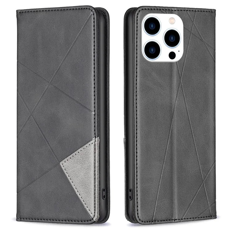 For iPhone 16 Pro Case Rhombus Texture PU Leather Phone Cover Hidden Magnetic Absorption