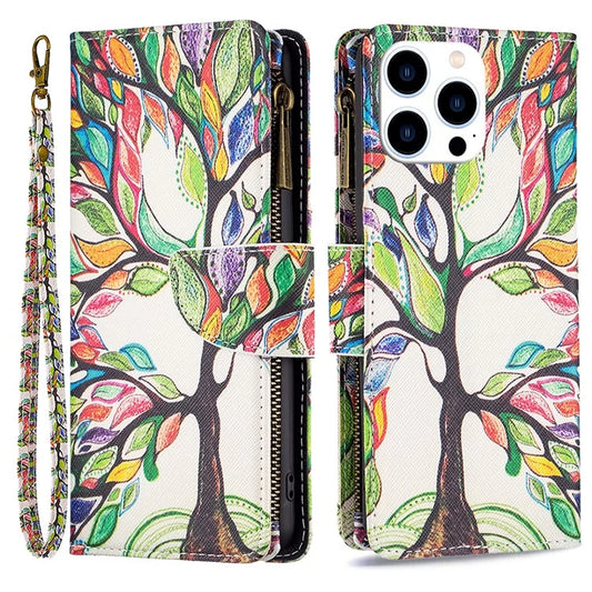 BF03 For iPhone 16 Pro Case Pattern Print PU Leather Phone Cover with Zipper Wallet
