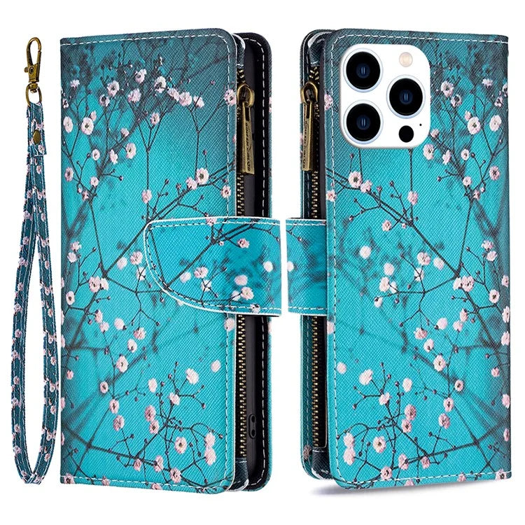 BF03 For iPhone 16 Pro Case Pattern Print PU Leather Phone Cover with Zipper Wallet