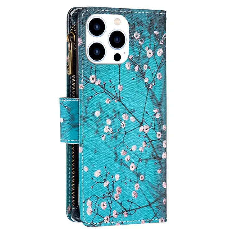 BF03 For iPhone 16 Pro Case Pattern Print PU Leather Phone Cover with Zipper Wallet
