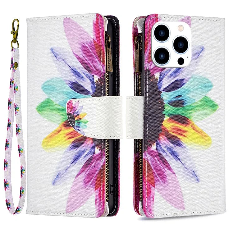 BF03 For iPhone 16 Pro Case Pattern Print PU Leather Phone Cover with Zipper Wallet