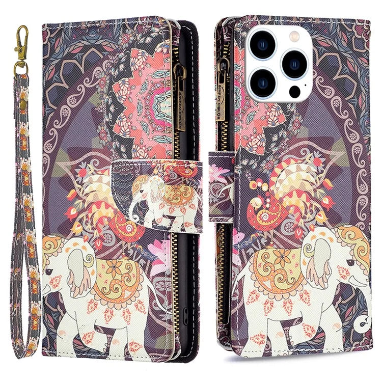 BF03 For iPhone 16 Pro Case Pattern Print PU Leather Phone Cover with Zipper Wallet