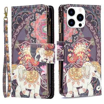 BF03 For iPhone 16 Pro Case Pattern Print PU Leather Phone Cover with Zipper Wallet