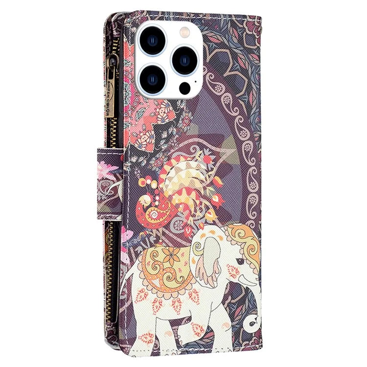 BF03 For iPhone 16 Pro Case Pattern Print PU Leather Phone Cover with Zipper Wallet