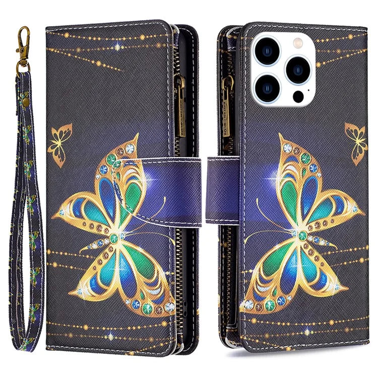 BF03 For iPhone 16 Pro Case Pattern Print PU Leather Phone Cover with Zipper Wallet