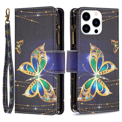 BF03 For iPhone 16 Pro Case Pattern Print PU Leather Phone Cover with Zipper Wallet