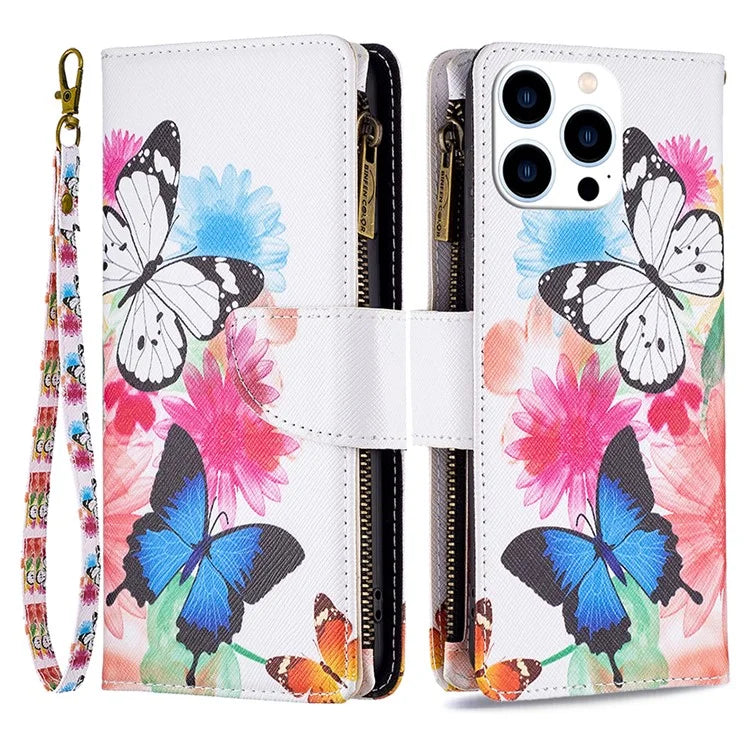 BF03 For iPhone 16 Pro Case Pattern Print PU Leather Phone Cover with Zipper Wallet