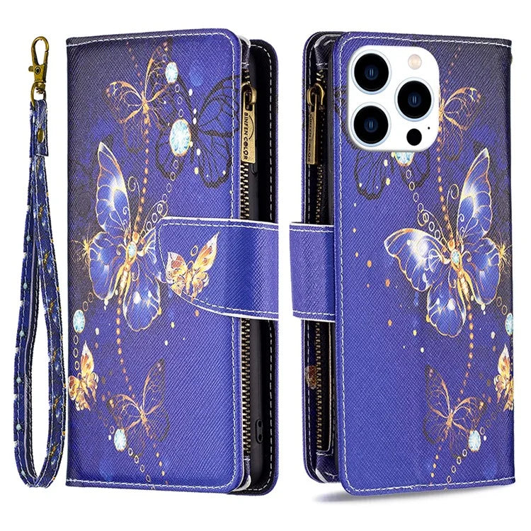 BF03 For iPhone 16 Pro Case Pattern Print PU Leather Phone Cover with Zipper Wallet