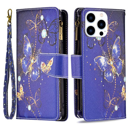 BF03 For iPhone 16 Pro Case Pattern Print PU Leather Phone Cover with Zipper Wallet