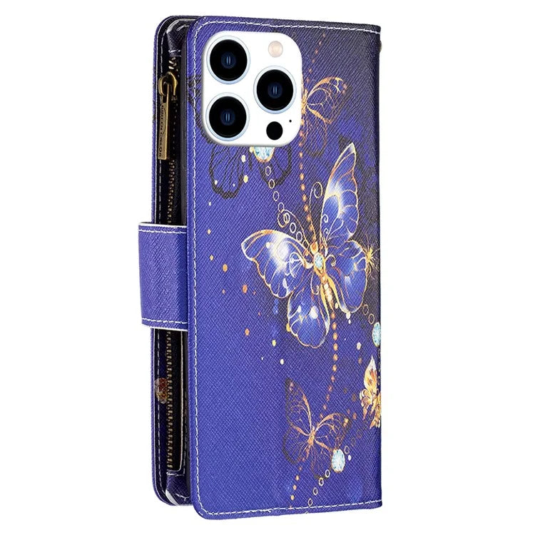 BF03 For iPhone 16 Pro Case Pattern Print PU Leather Phone Cover with Zipper Wallet