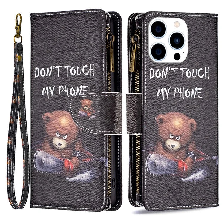 BF03 For iPhone 16 Pro Case Pattern Print PU Leather Phone Cover with Zipper Wallet