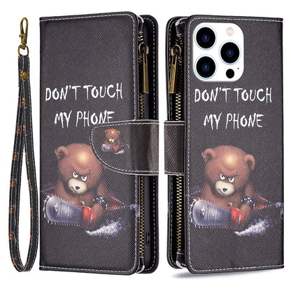 BF03 For iPhone 16 Pro Case Pattern Print PU Leather Phone Cover with Zipper Wallet