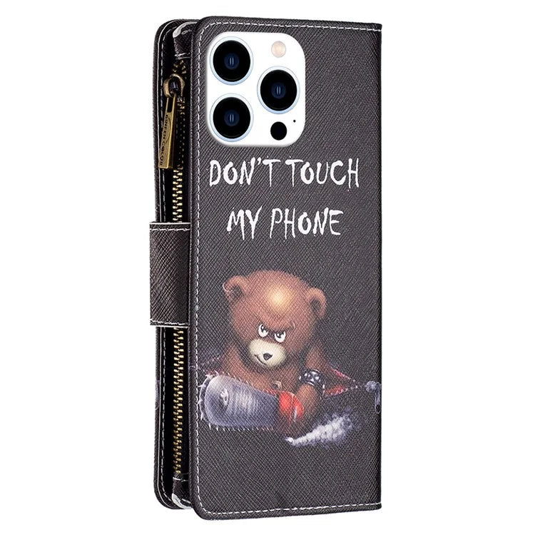 BF03 For iPhone 16 Pro Case Pattern Print PU Leather Phone Cover with Zipper Wallet