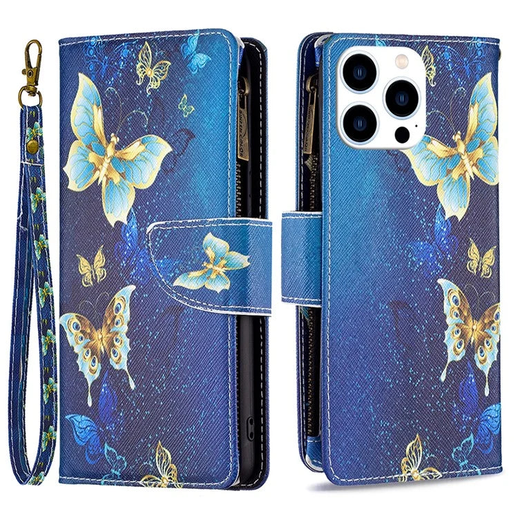 BF03 For iPhone 16 Pro Case Pattern Print PU Leather Phone Cover with Zipper Wallet