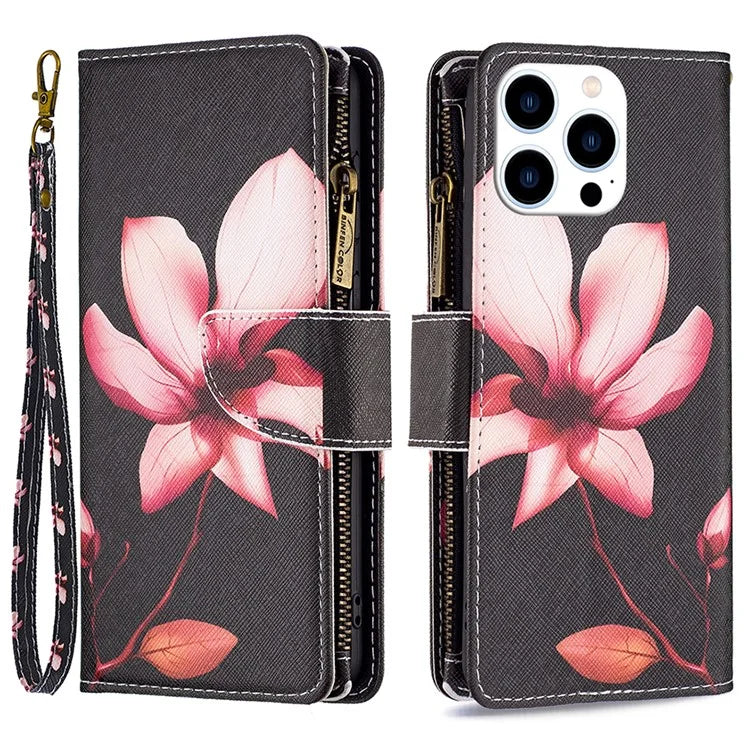 BF03 For iPhone 16 Pro Case Pattern Print PU Leather Phone Cover with Zipper Wallet