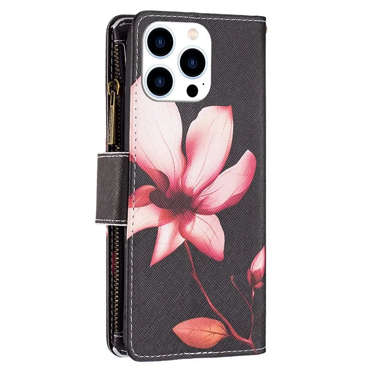 BF03 For iPhone 16 Pro Case Pattern Print PU Leather Phone Cover with Zipper Wallet