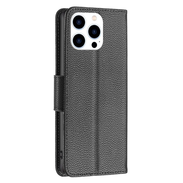 For iPhone 16 Pro Wallet Phone Case Litchi Texture Solid Color Leather Flip Cover