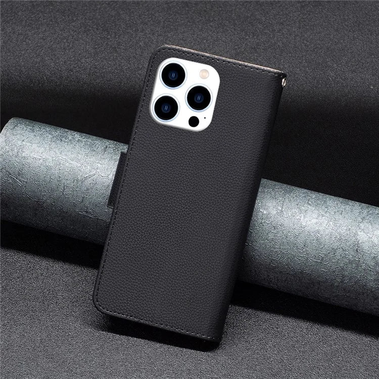 For iPhone 16 Pro Wallet Phone Case Litchi Texture Solid Color Leather Flip Cover