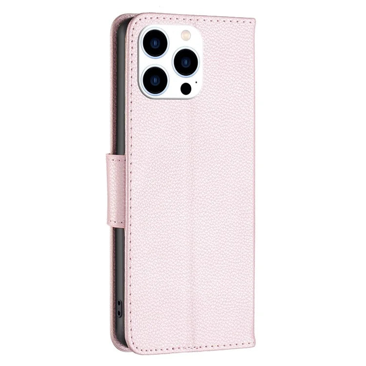 For iPhone 16 Pro Wallet Phone Case Litchi Texture Solid Color Leather Flip Cover