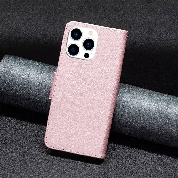 For iPhone 16 Pro Wallet Phone Case Litchi Texture Solid Color Leather Flip Cover