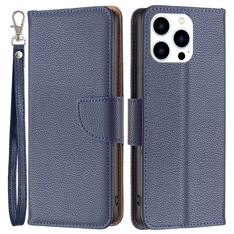 For iPhone 16 Pro Wallet Phone Case Litchi Texture Solid Color Leather Flip Cover