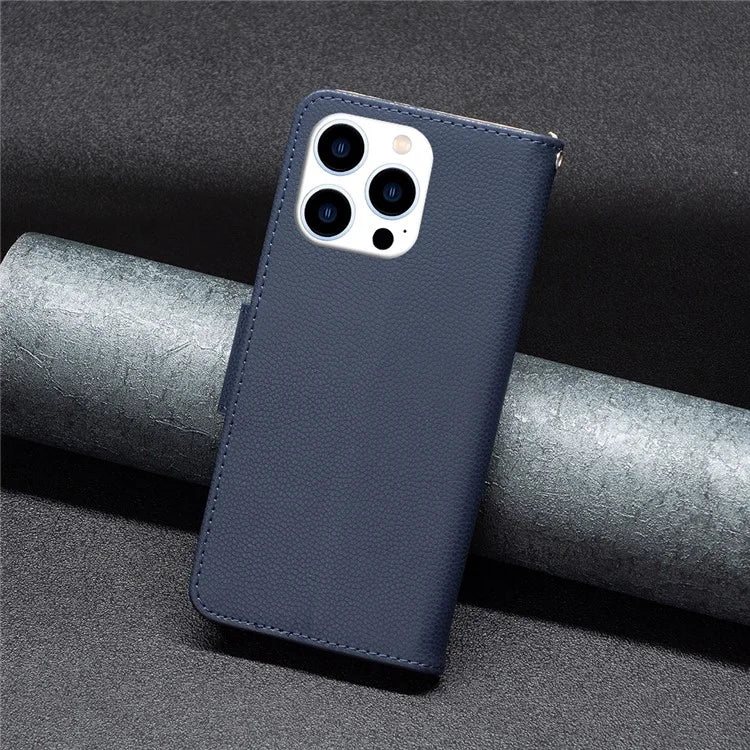 For iPhone 16 Pro Wallet Phone Case Litchi Texture Solid Color Leather Flip Cover
