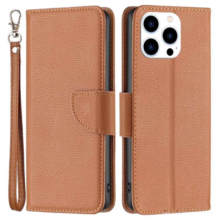 For iPhone 16 Pro Wallet Phone Case Litchi Texture Solid Color Leather Flip Cover