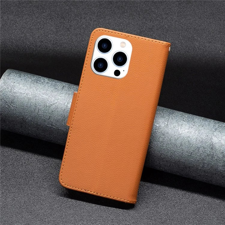 For iPhone 16 Pro Wallet Phone Case Litchi Texture Solid Color Leather Flip Cover