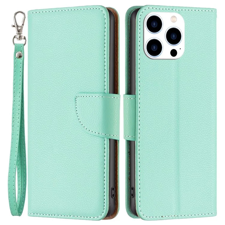 For iPhone 16 Pro Wallet Phone Case Litchi Texture Solid Color Leather Flip Cover