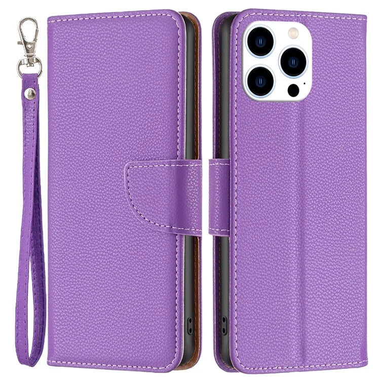 For iPhone 16 Pro Wallet Phone Case Litchi Texture Solid Color Leather Flip Cover