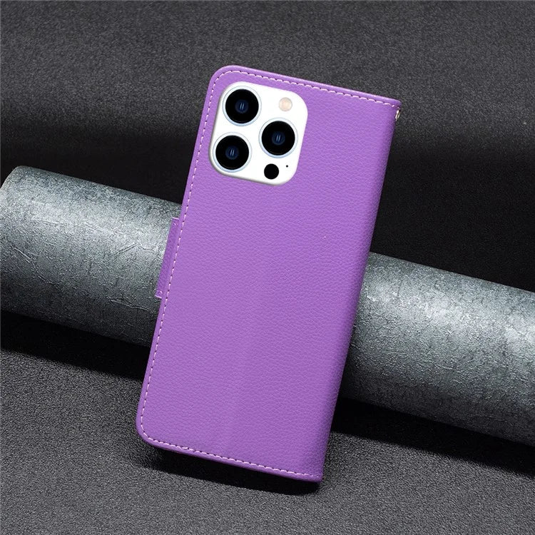 For iPhone 16 Pro Wallet Phone Case Litchi Texture Solid Color Leather Flip Cover