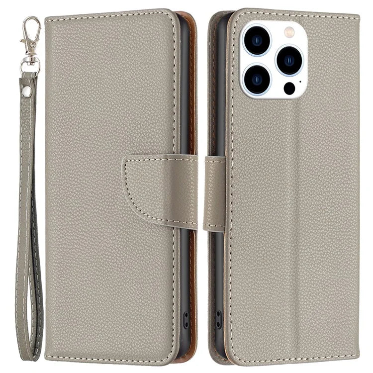 For iPhone 16 Pro Wallet Phone Case Litchi Texture Solid Color Leather Flip Cover