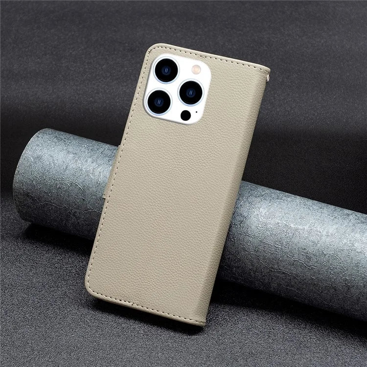 For iPhone 16 Pro Wallet Phone Case Litchi Texture Solid Color Leather Flip Cover