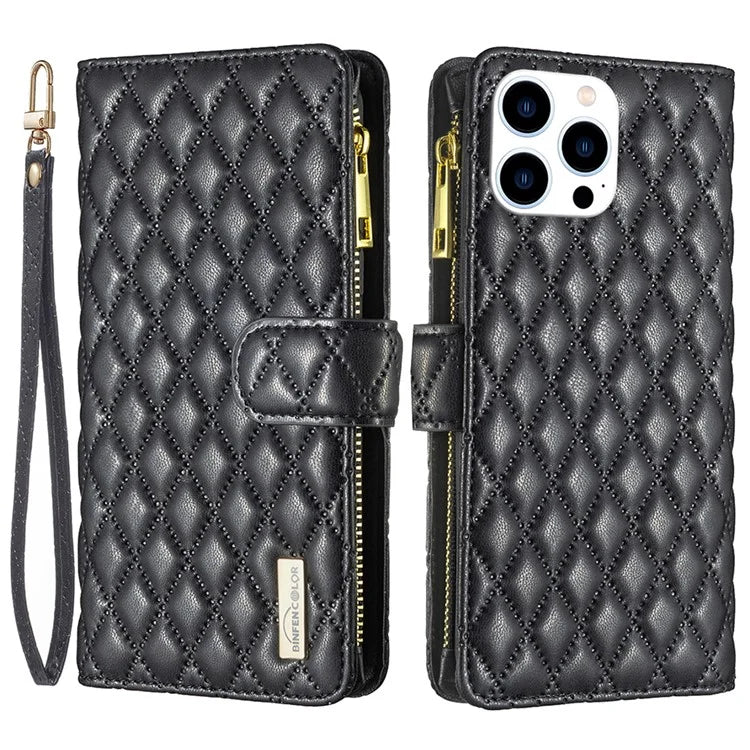 BINFEN COLOR BF Style-15 For iPhone 16 Pro Max Case Rhombus Imprint Leather Phone Cover