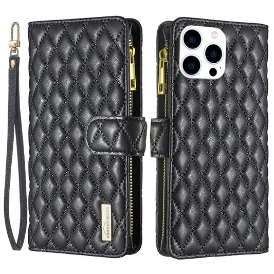 BINFEN COLOR BF Style-15 For iPhone 16 Pro Max Case Rhombus Imprint Leather Phone Cover